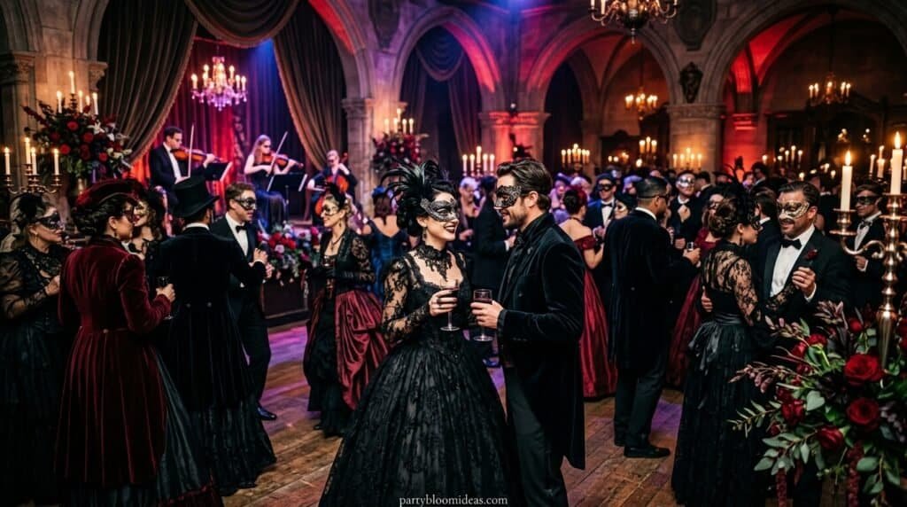 Elegant masquerade ball with guests in formal attire and masks at a luxurious event.