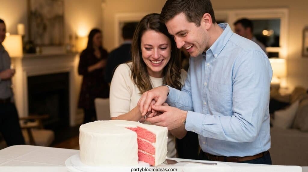 Happy couple cutting a cake at celebration event.