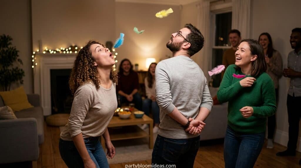 Player keeping a feather airborne using only breath