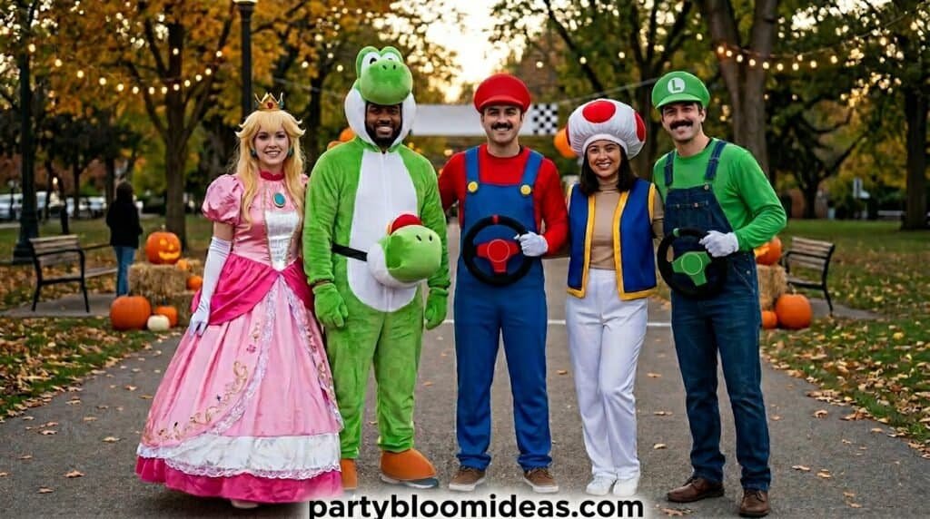 Costumed characters from popular franchises at a festive outdoor event.