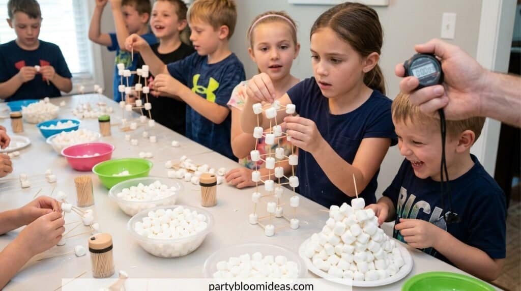 Kids building marshmallow and toothpick structures at a party.
