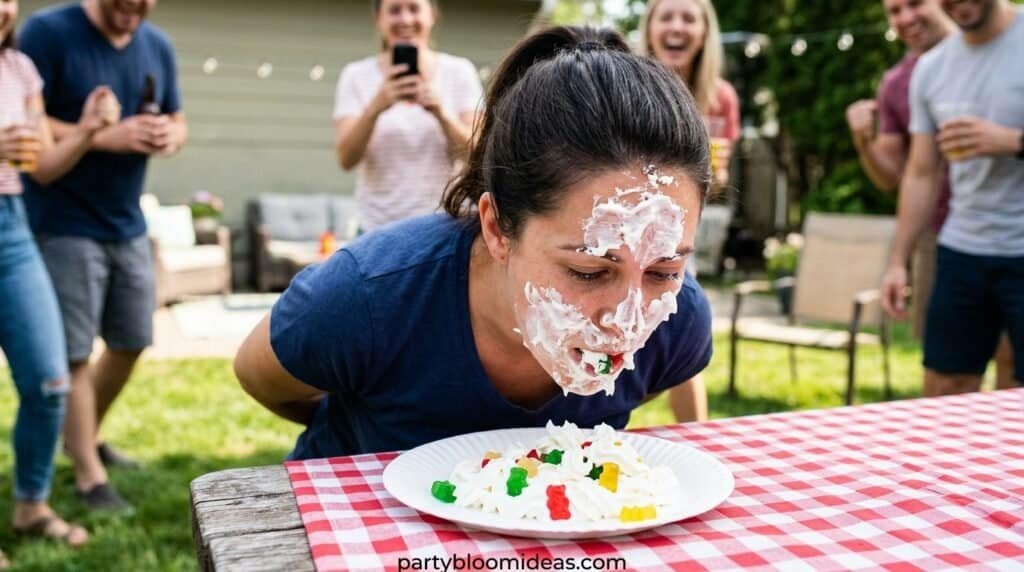 Adult searching for gummy bears in whipped cream challenge Minute to Win It Party Games