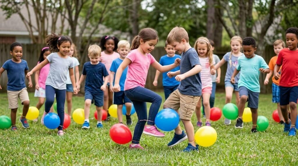 Children popping balloons during a Balloon Stomp party game