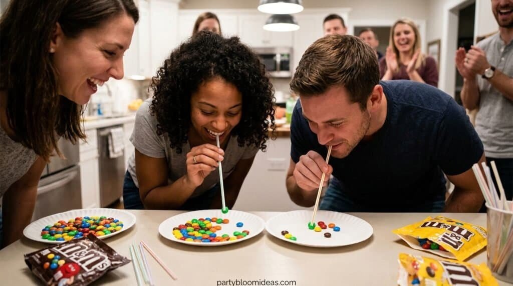 Adult transferring candies with a straw in Minute to Win It gam
