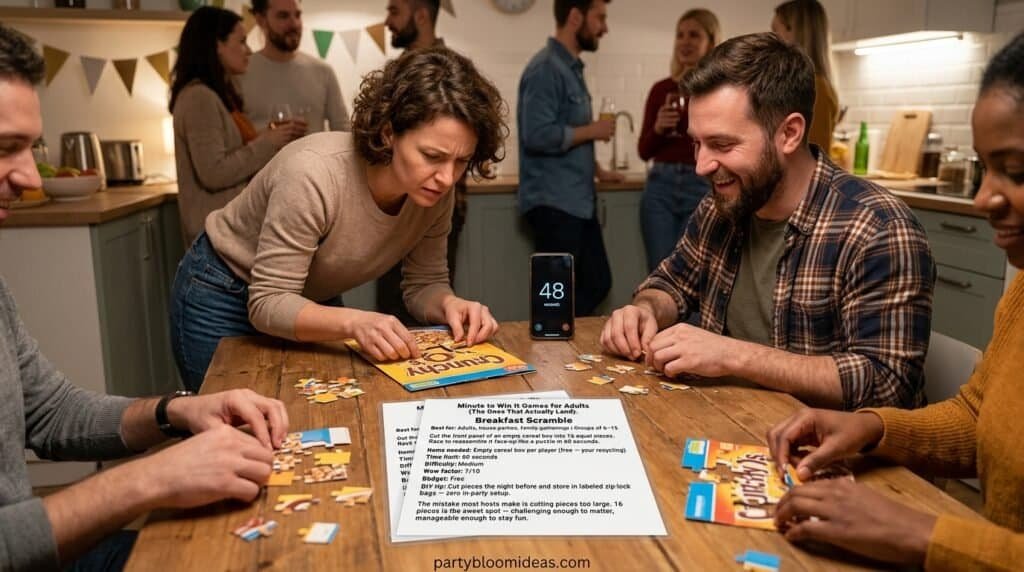 Adult assembling a cereal box puzzle during party challenge