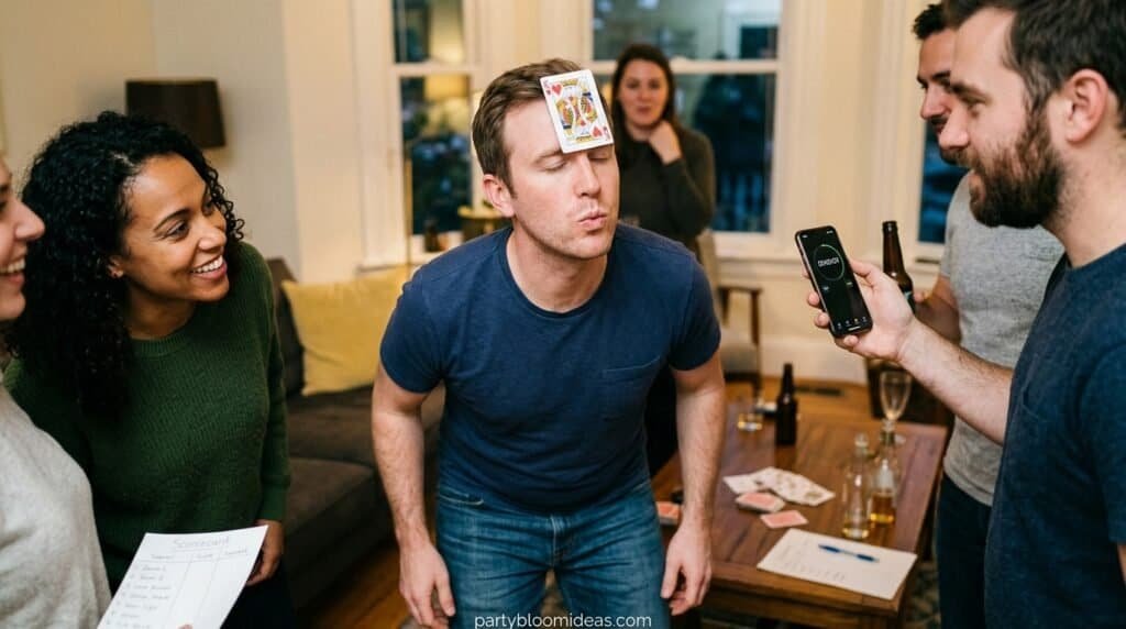 Playing card flip challenge during adult party game Minute to Win It Party Games
