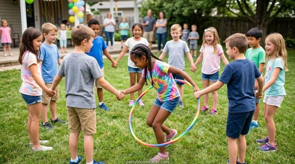Kids passing a hula hoop around a circle without letting go