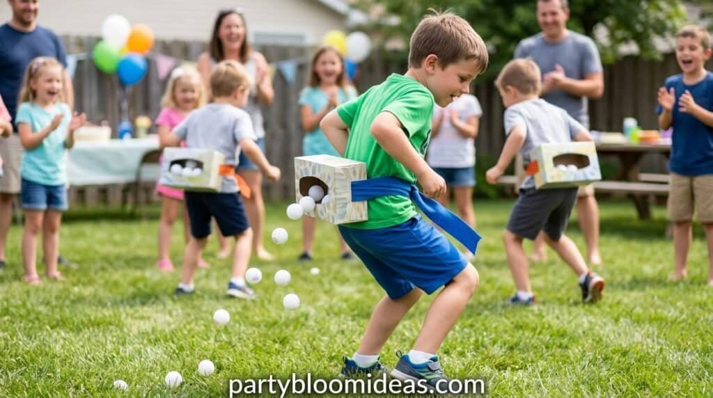 Kid shaking ping pong balls out of a tissue box in Junk in the Trunk game
