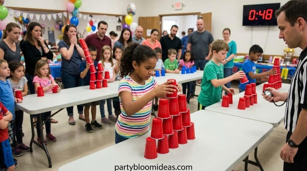 Kids stacking plastic cups in Stack Attack Minute to Win It game
