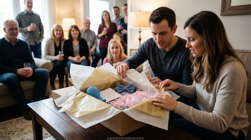 Friends celebrating a baby shower, opening gifts in a cozy living room.