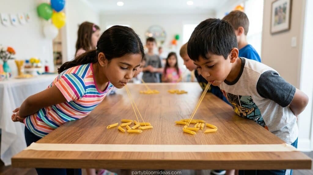 Child picking up pasta with spaghetti in Minute to Win It challenge
