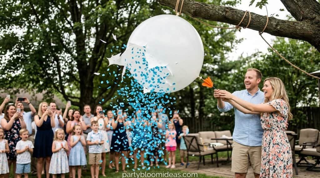 Large white balloon release at outdoor party with children and adults enjoying the event.