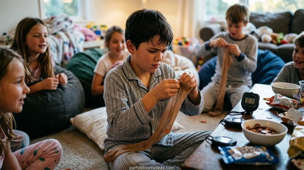 Child moving a penny through pantyhose in Minute to Win It game