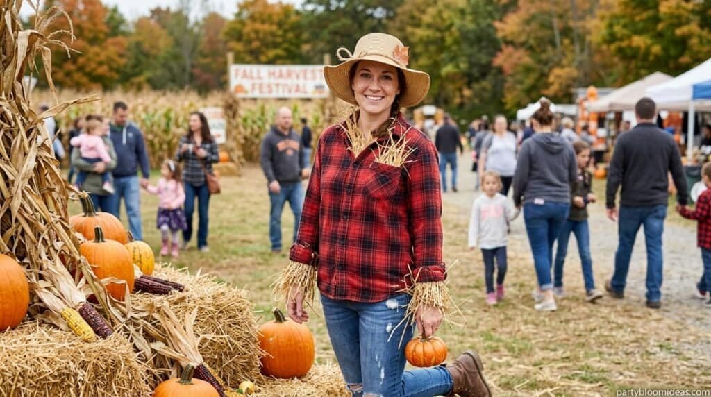 Autumn outdoor fall festival with pumpkins, hay bales, and families enjoying seasonal activities.