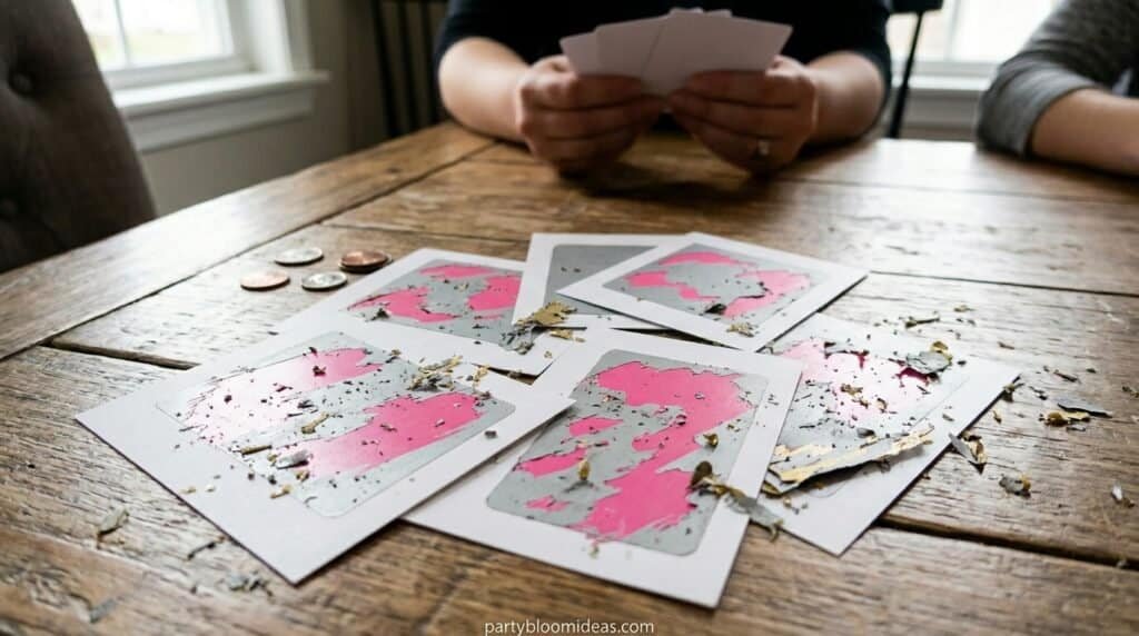 Handmade pink and gold splatter party invitations on a wooden table.