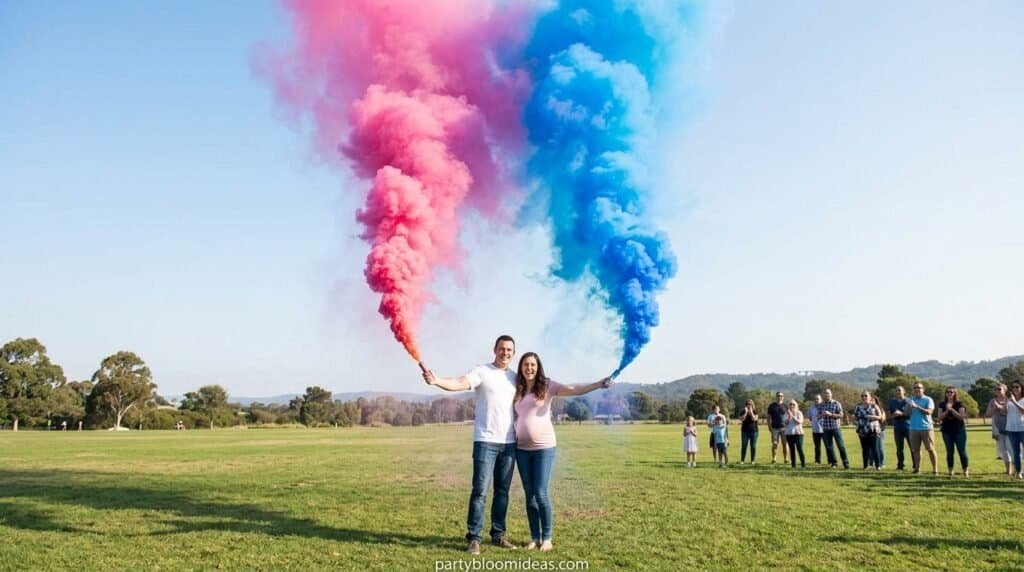 People celebrating outdoors with colorful smoke flares in a green field.
