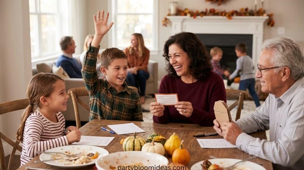 Family sharing heartfelt gratitude messages during a Thanksgiving gathering