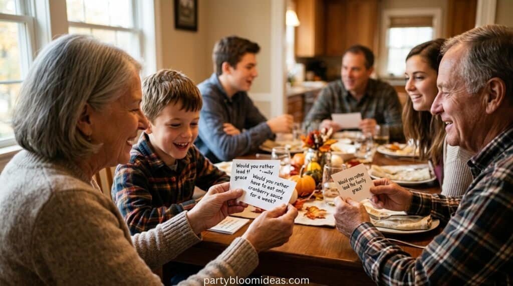 Family Thanksgiving dinner with heartfelt notes and autumn decor.