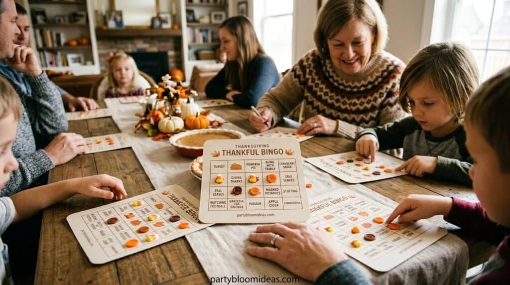 Family playing Thanksgiving bingo game at a cozy table, enjoying holiday fun together.
