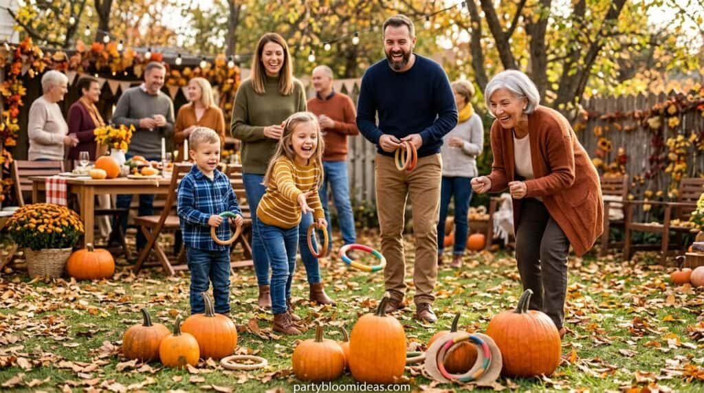 Pumpkin patch family game with children and grandparents enjoying fall festivities.