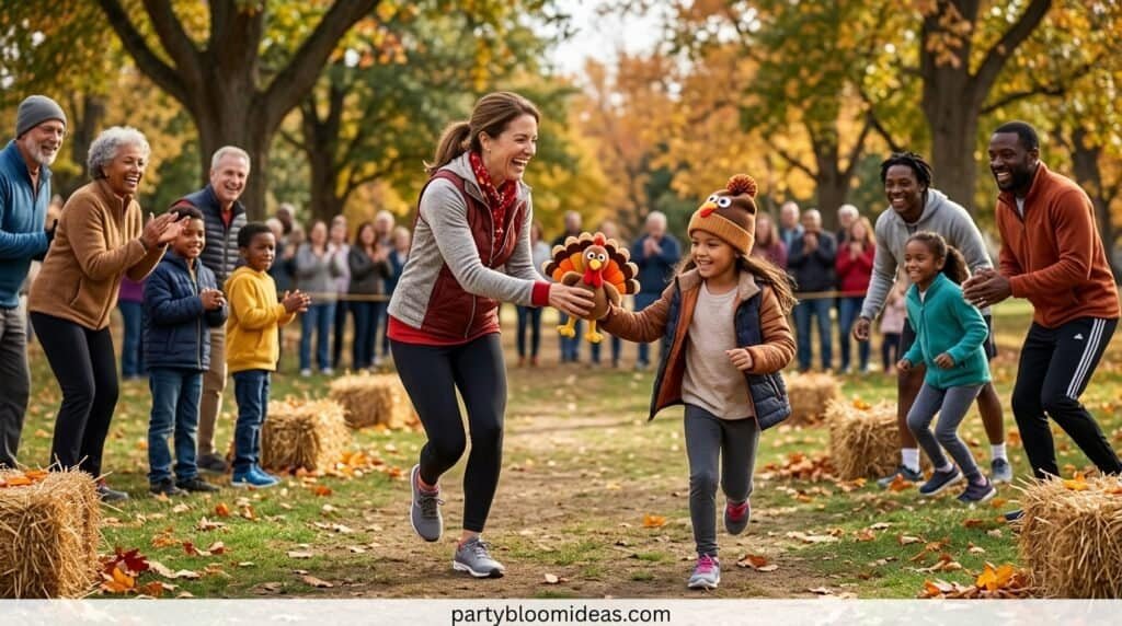 Family enjoying a fall outdoor event with children and adults in a park.