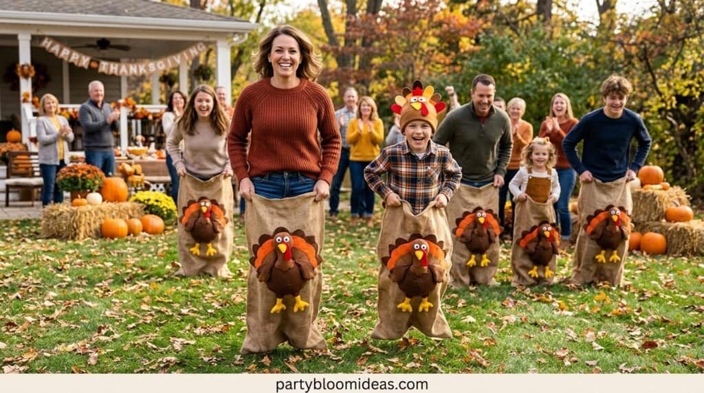 Festive Thanksgiving pumpkin patch with children and adults enjoying fall harvest activities. Thanksgiving Party Games for the Whole Family