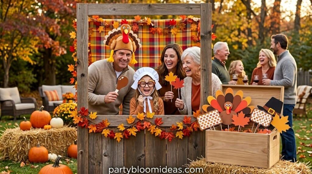 Family members playing Thankful Bingo with autumn-themed cards and candy corn markers