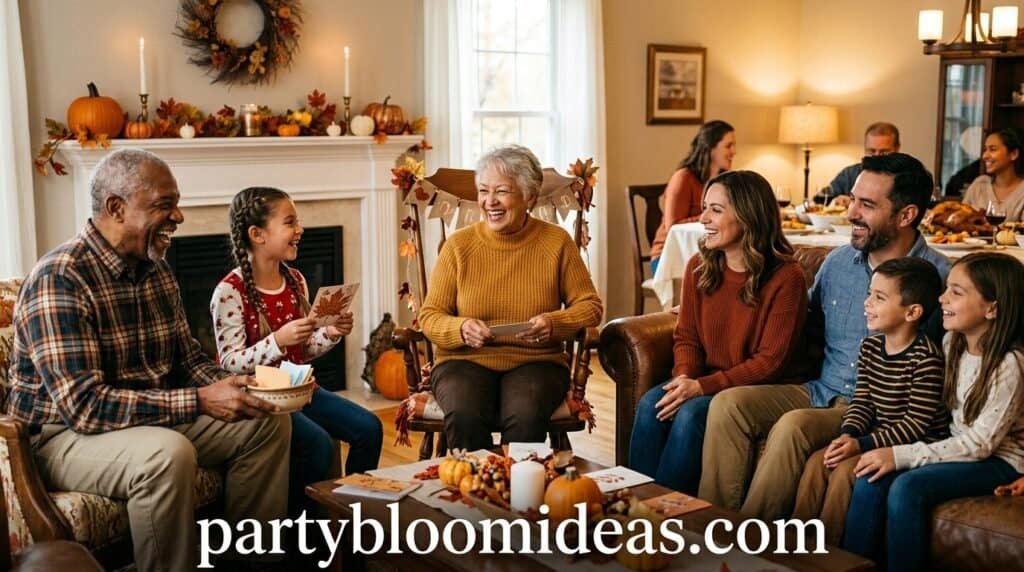 Family sharing heartfelt gratitude messages during a Thanksgiving gathering