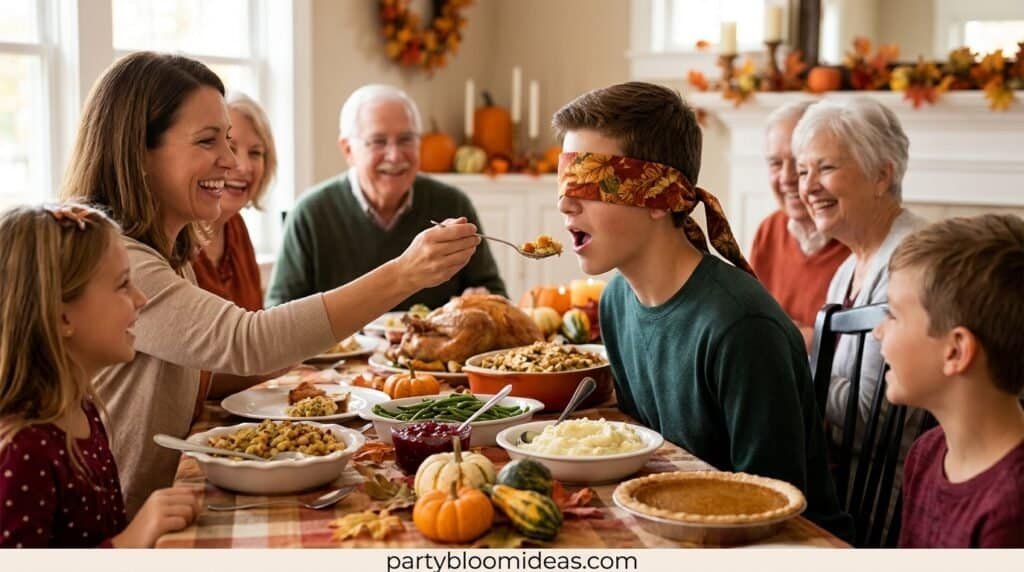 Blindfolded player guessing Thanksgiving foods during a fun family taste test challenge