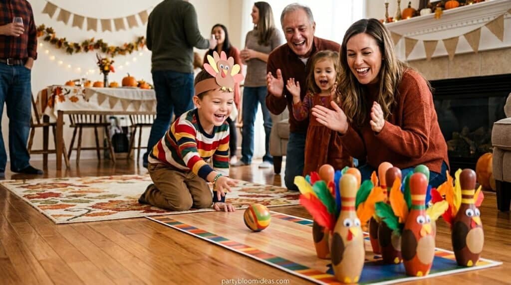 Children playing DIY turkey bowling with decorated bottles and a ball at Thanksgiving