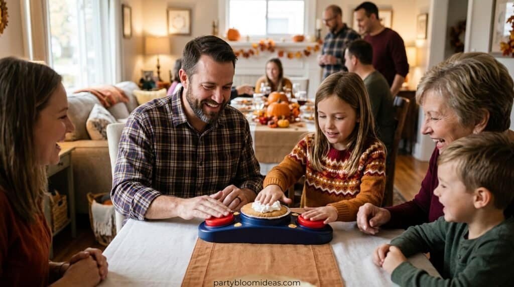 Family laughing as a player gets whipped cream during a Pie Face Thanksgiving game