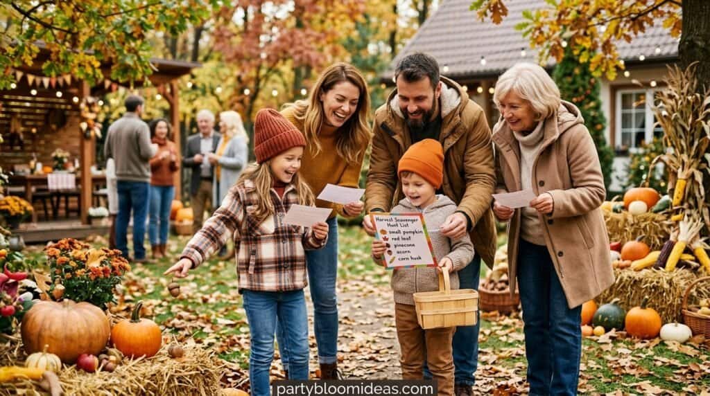 Kids searching for mini pumpkins and fall decorations during a Thanksgiving scavenger hunt