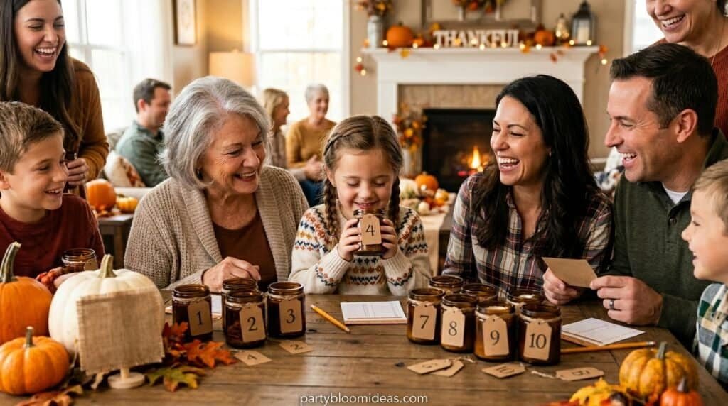 Guests smelling jars of pumpkin spice and herbs in a Thanksgiving guessing game