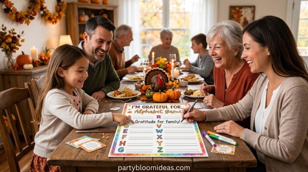 Family playing gratitude game at dinner table, celebrating togetherness and thankfulness.
