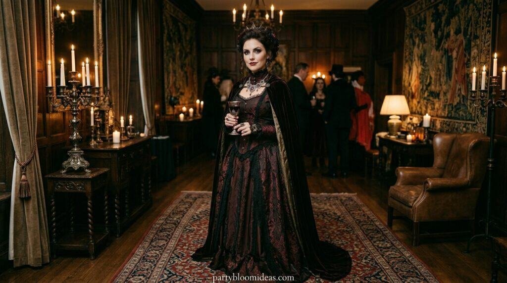 Elegant woman in vintage costume holding a glass at a formal event.
