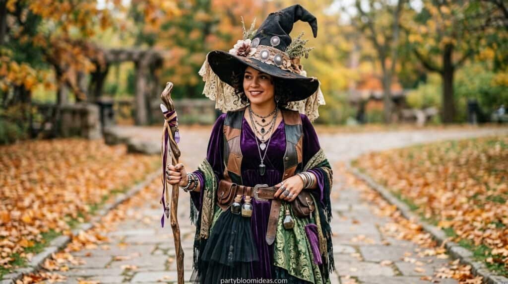 Woman dressed as a witch in a colorful costume with a tall hat and staff, autumn park background.