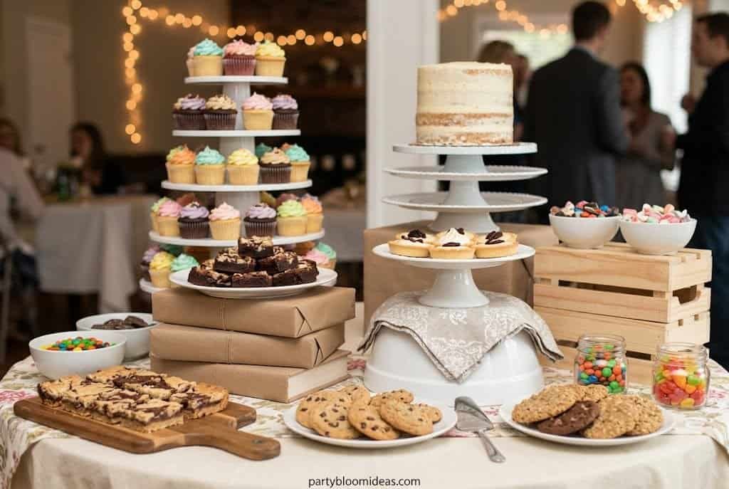 Dessert table with tiered stands, wooden crates, and varying height displays for visual appeal