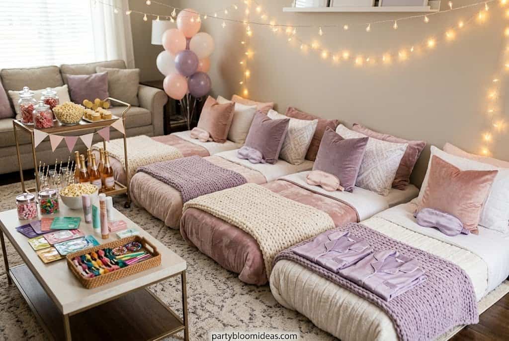 "Aesthetic sleepover party for teen girls with matching pajamas and fairy lights"