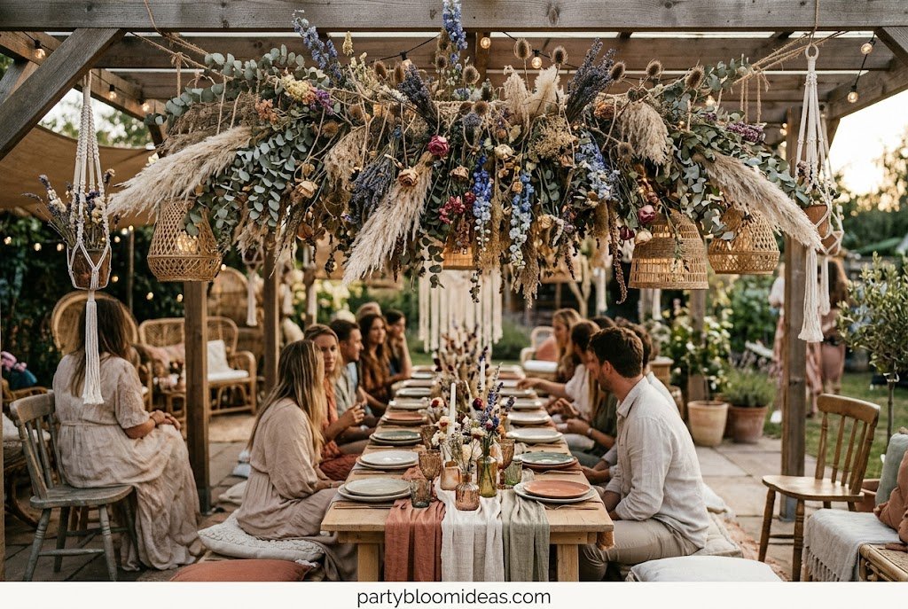 Hanging dried flower installation with lavender, wheat, eucalyptus, and pampas grass creating a dreamy boho party atmosphere.