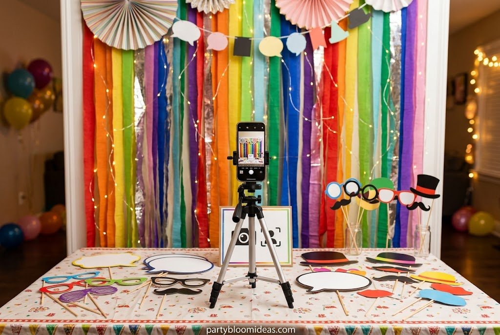 Compact tabletop selfie station featuring a ring light, phone holder, themed backdrop, and fun props for small indoor parties and apartment gatherings DIY Photo Booth Ideas for Any Party