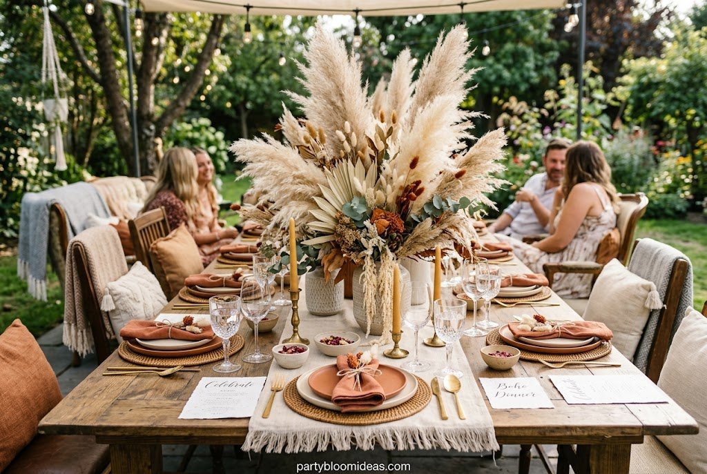 Minimalist pampas grass arrangement displayed in a tall terracotta vase for elegant boho party decor.