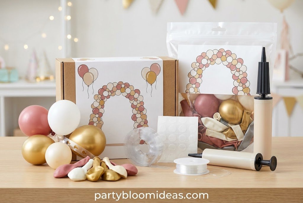 Complete balloon arch kit with balloons, frame components, and accessories.How to Make a DIY Balloon Arch step-by-step tutorial