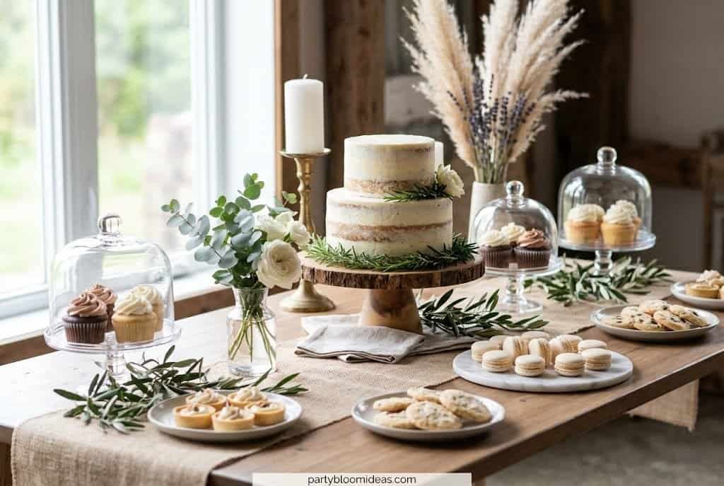 Dessert table decorated with fresh flowers, greenery, candles, and elegant styling accents