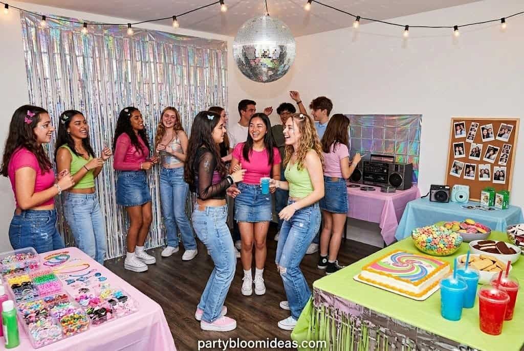 "Y2K themed teenage birthday party with disco balls and colorful retro decorations"