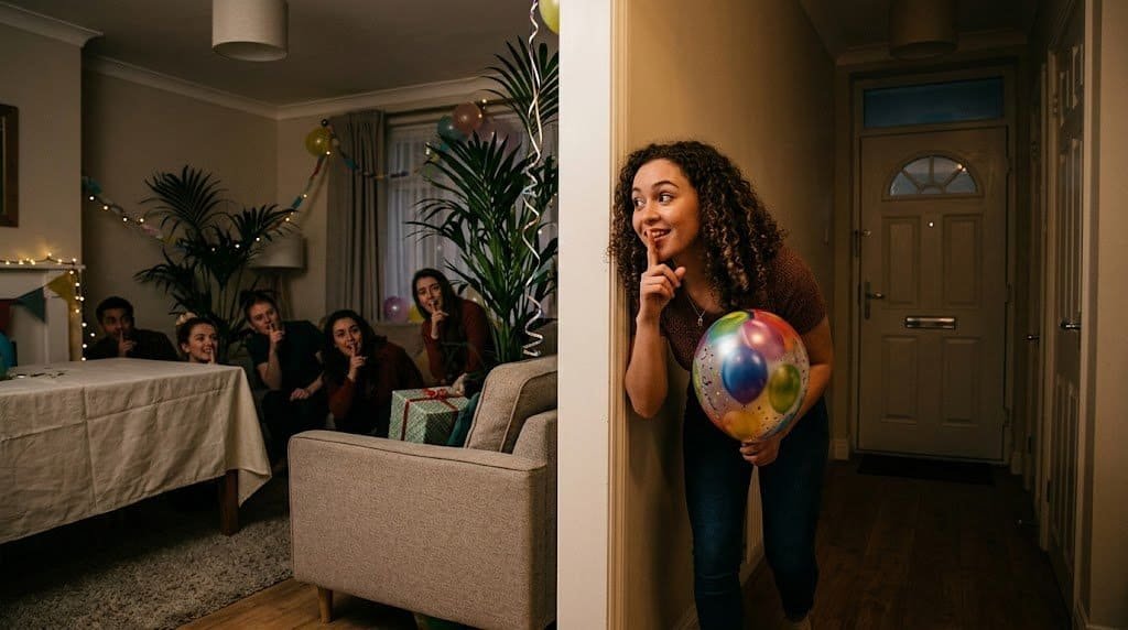 Woman hiding with balloons before surprising guests at party.