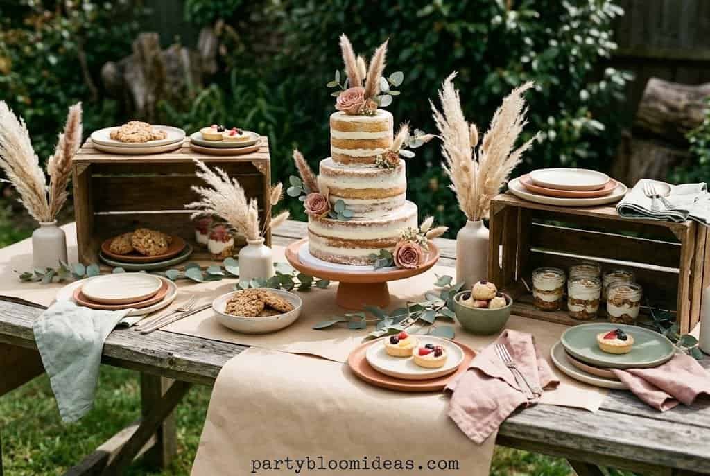 Rustic boho dessert table with wooden crates, pampas grass, and natural decorations