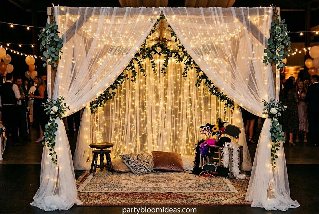 Magical outdoor DIY photo booth with warm white fairy lights suspended overhead, creating a dreamy evening backdrop for garden parties and summer celebrations.