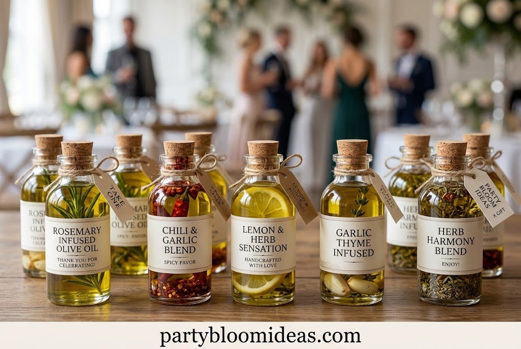 Small glass bottles of herb-infused olive oil presented as premium party favors for dinner parties.