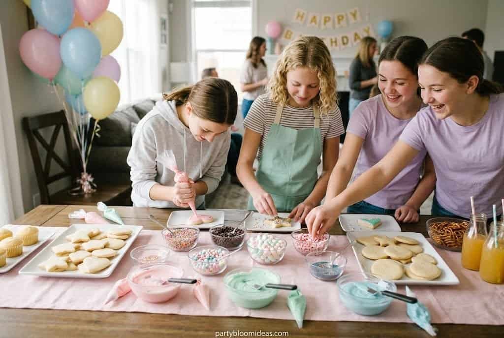 "Teen girls decorating cookies and cupcakes at a birthday party" birthday party ideas for teenage girls