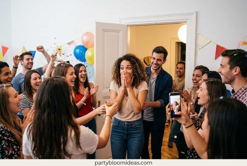 A surprised woman entering a room of cheering friends for her surprise party, with "partybloomideas.com" at the bottom.How to Throw a Surprise Party